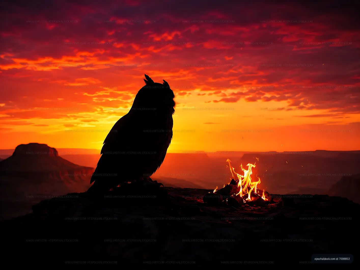 Owl silhouette by a fire at sunset in a desert landscape