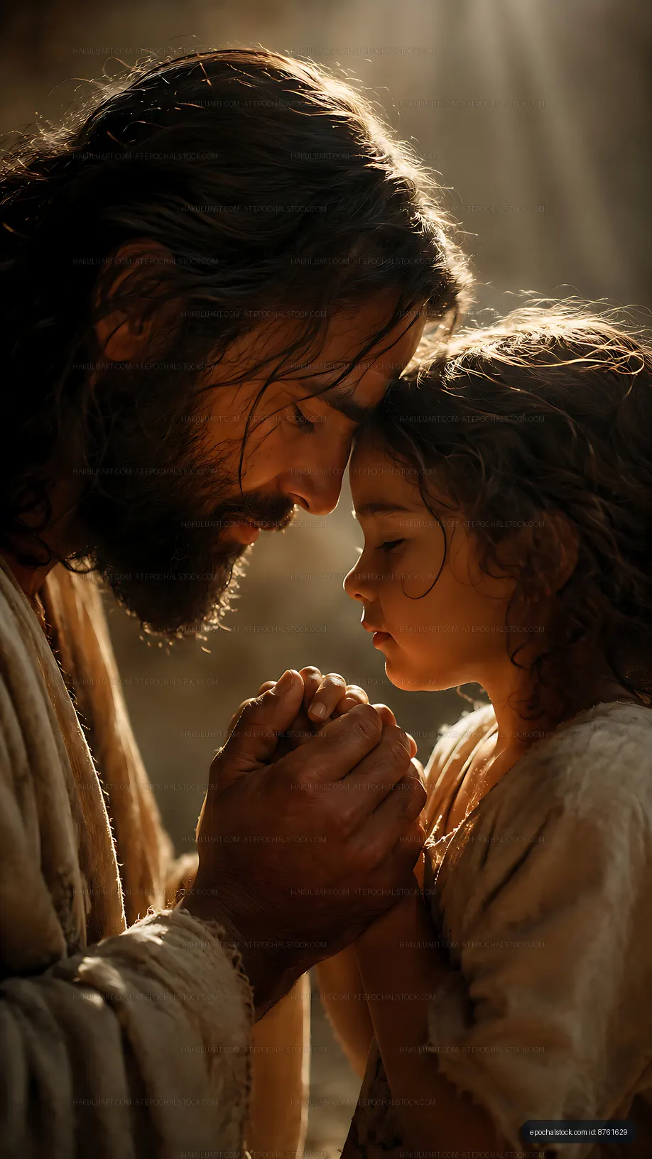 Father and daughter praying together in soft light