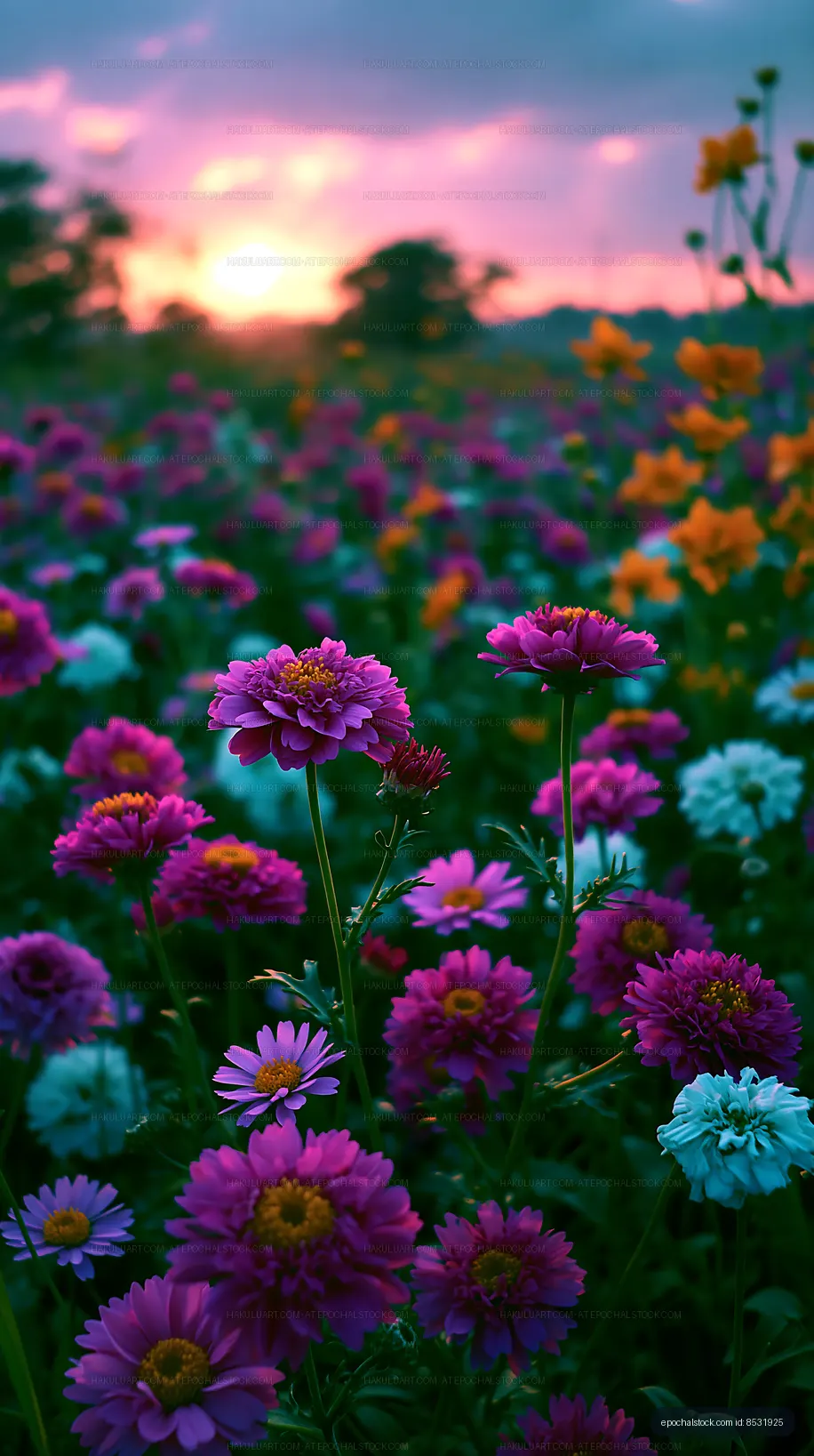Colorful flower field at sunset with various blooms and sky