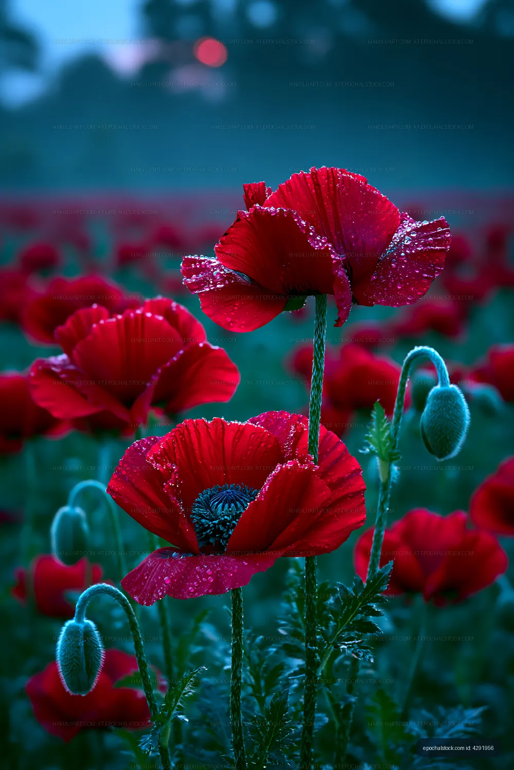 Red poppies with dew in a flower field at dawn