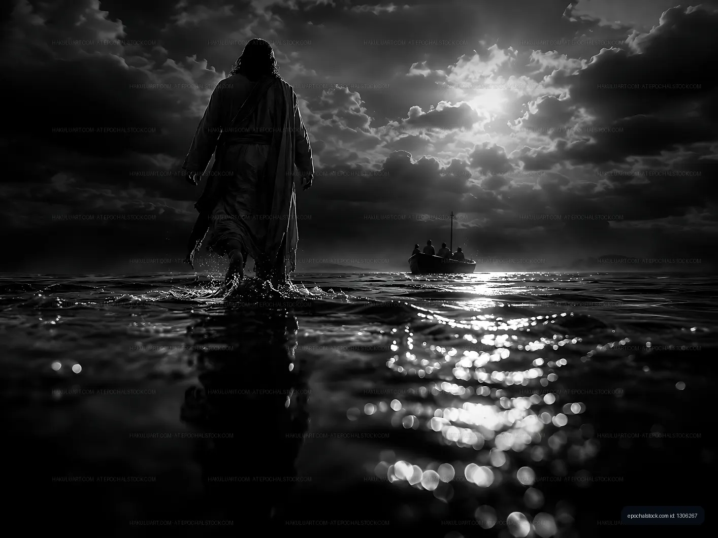 Walking on water in black and white scene