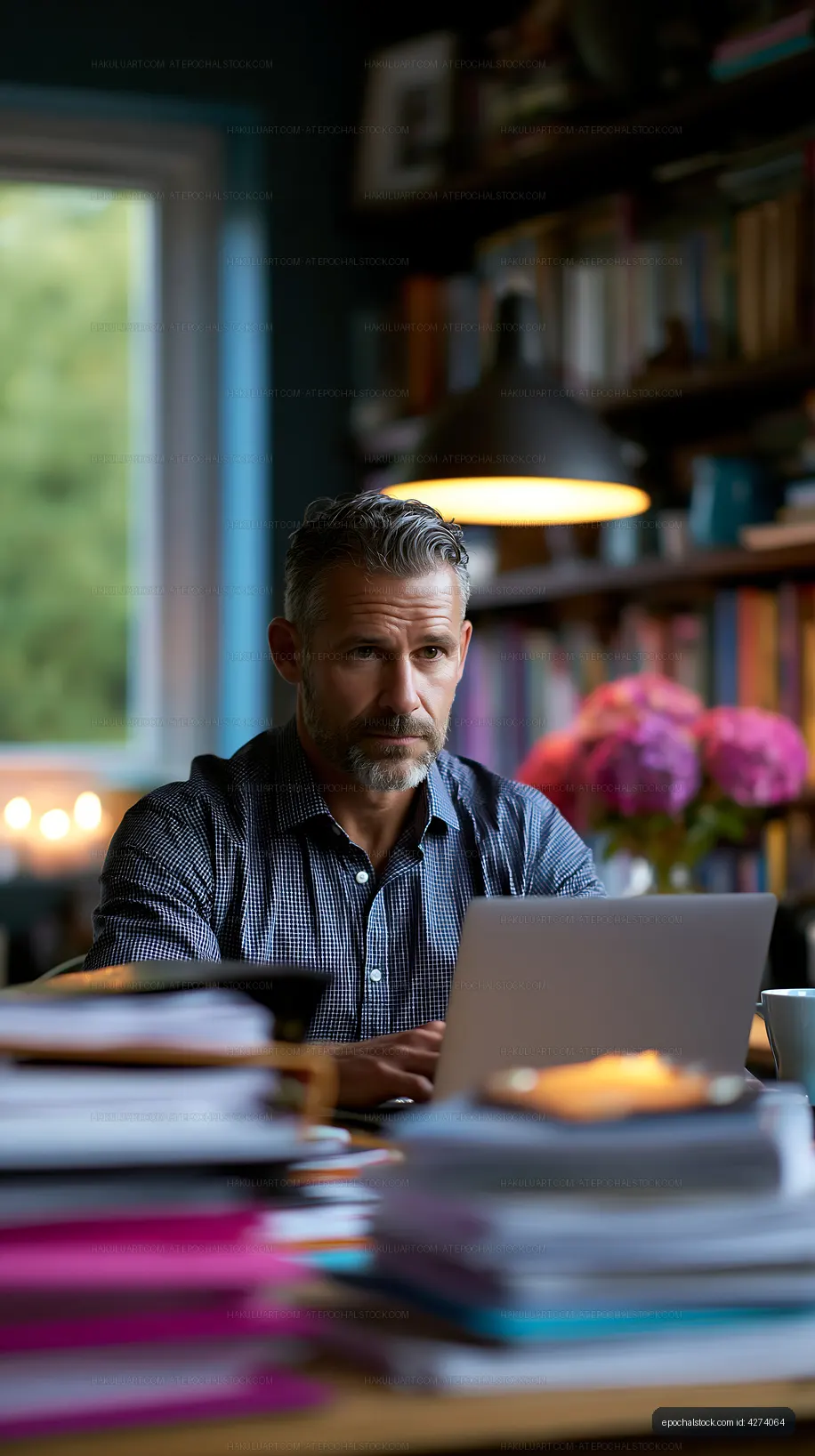 Man working on a laptop in a home office with books and flowers