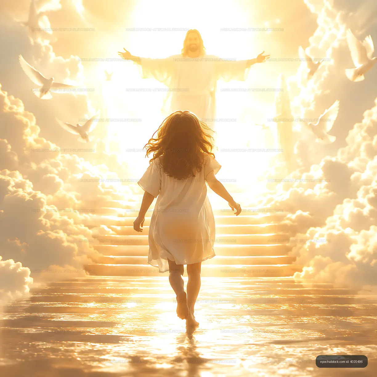Child approaches figure surrounded by light and clouds