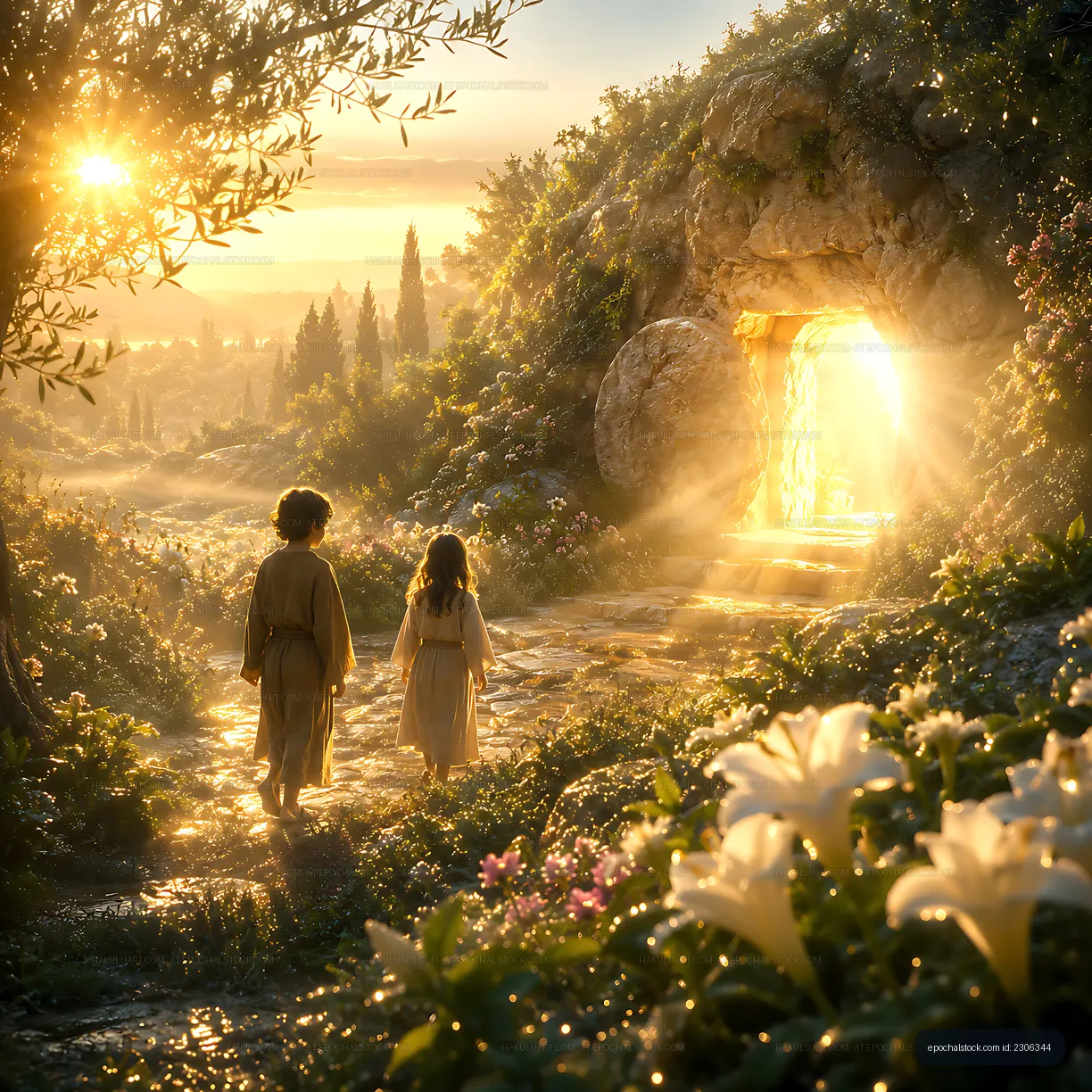 Children walking on a path during sunrise near a glowing cave