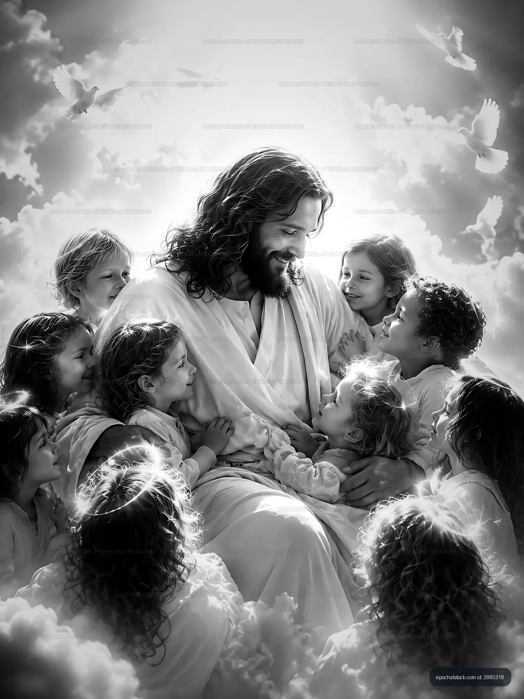 Jesus surrounded by joyful children in a serene cloud setting
