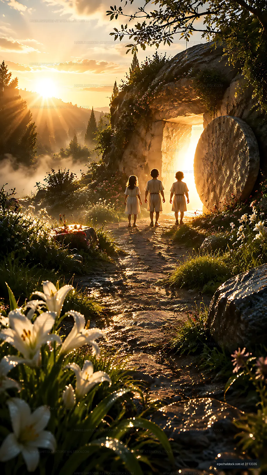Children walking towards a glowing entrance at sunrise