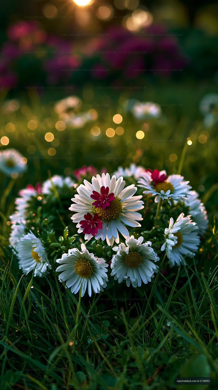 Daisies and pink flowers in green grass with sunlight
