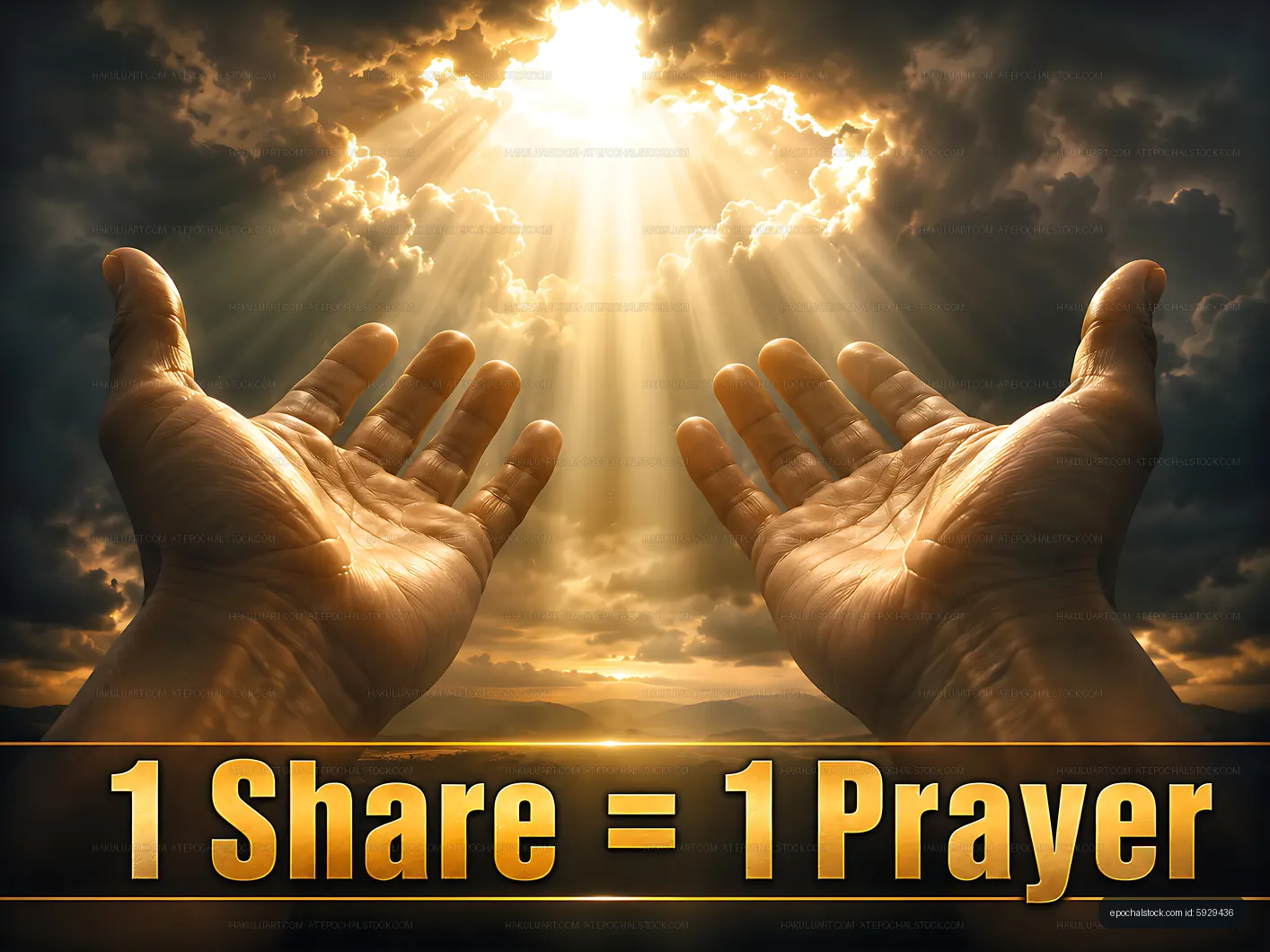 Hands reaching towards light with text about sharing and prayer