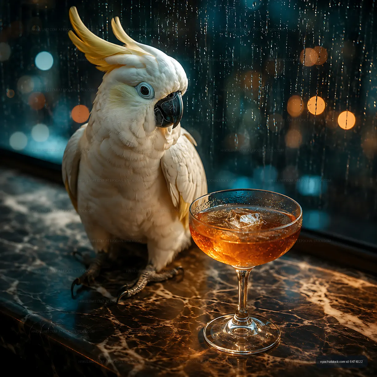 Cockatoo sitting near a cocktail glass by a rainy window