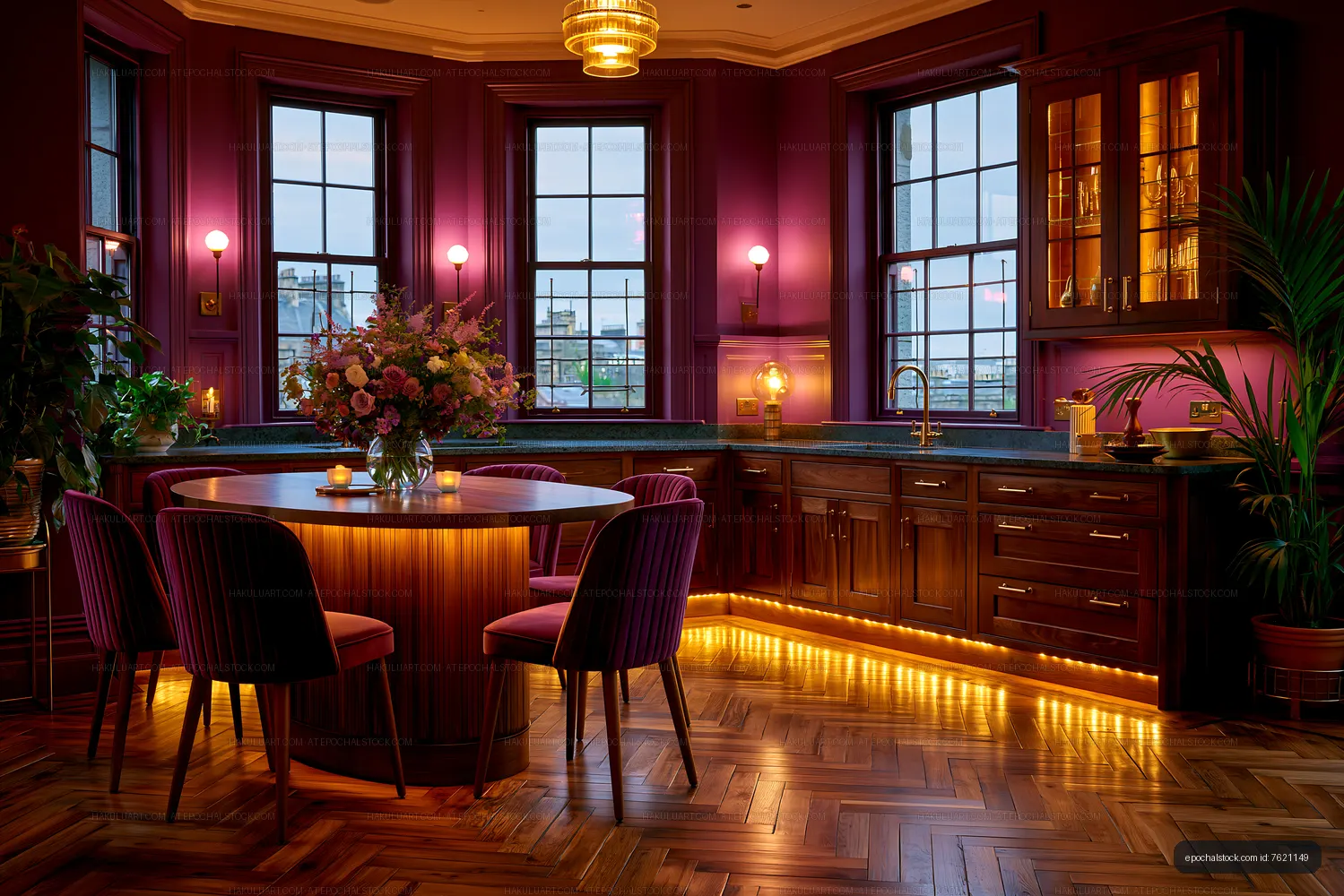 Elegant kitchen with purple walls and wooden accents at dusk
