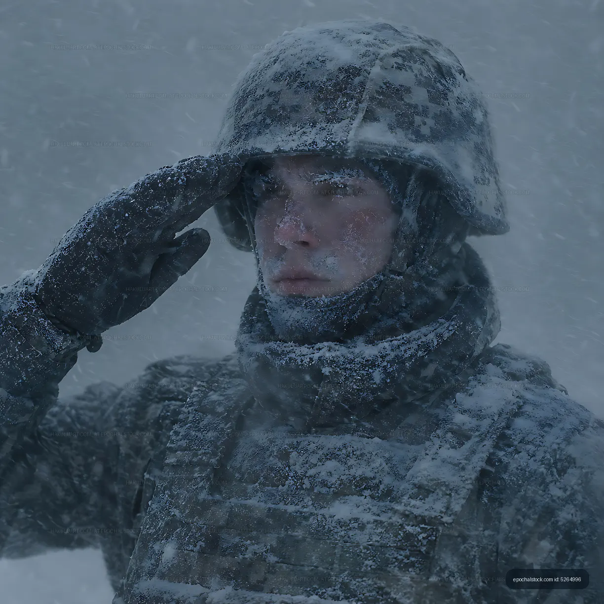 Soldier saluting in snowy weather during winter training