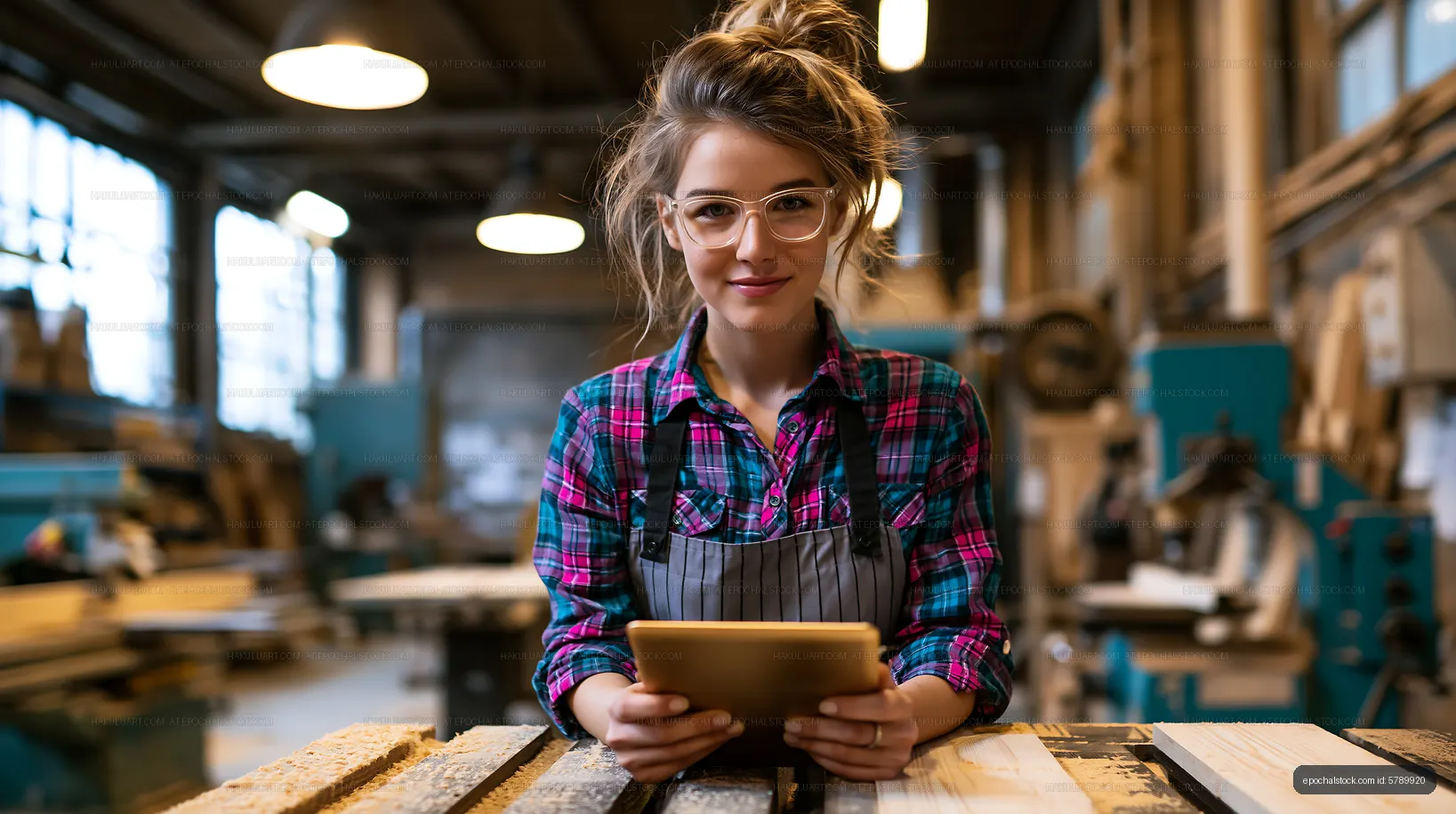 Woman in plaid shirt using tablet in woodworking shop