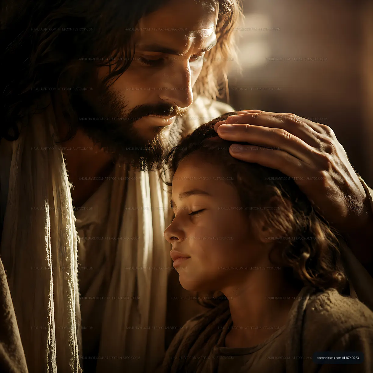 Man comforting child in warm light setting