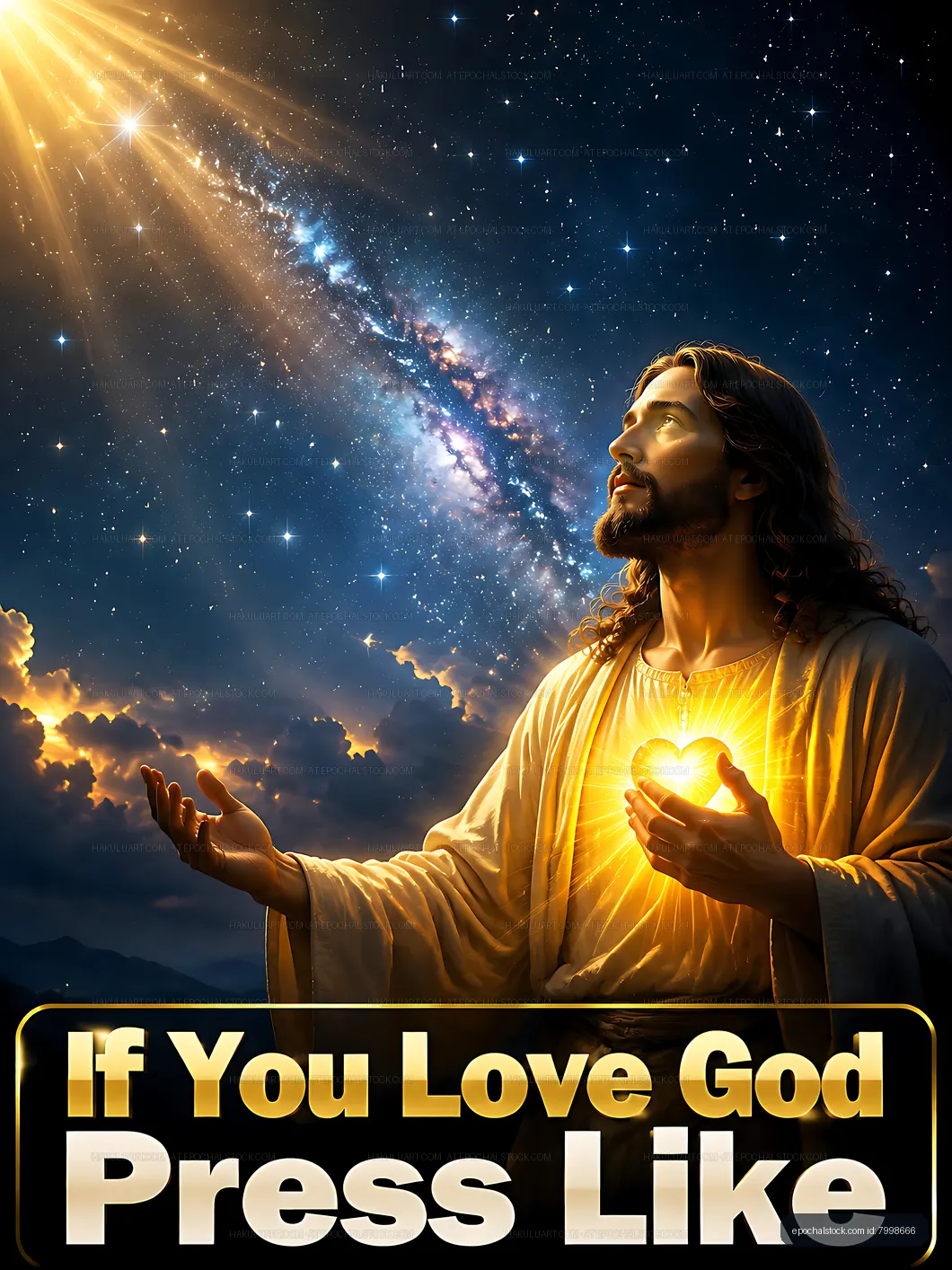 Jesus with light from above and a cosmic background