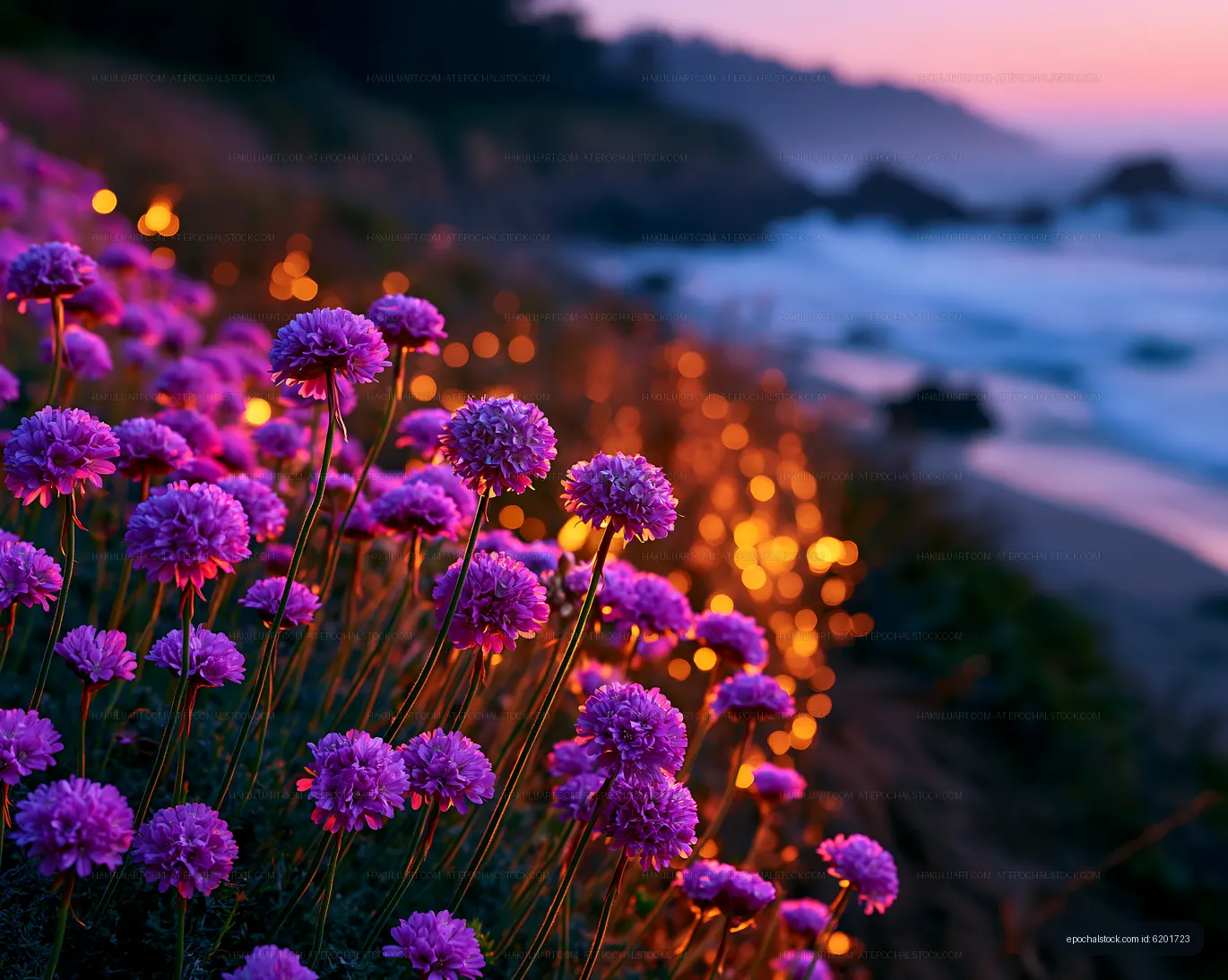 Purple flowers by the seaside at sunset