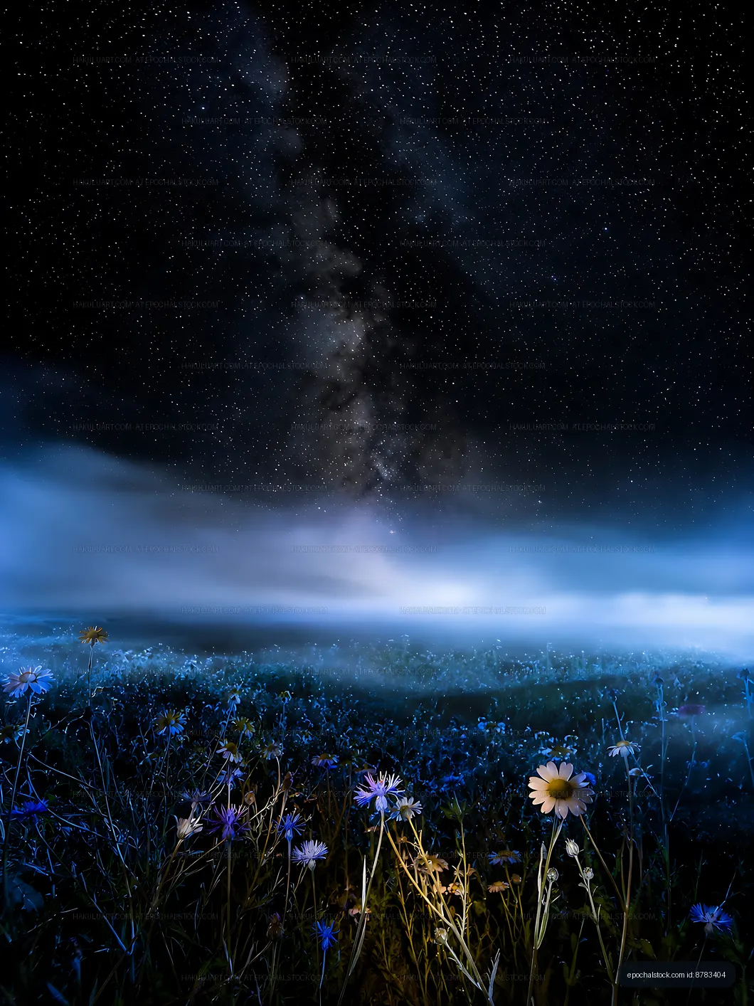 Starry night over a field of flowers