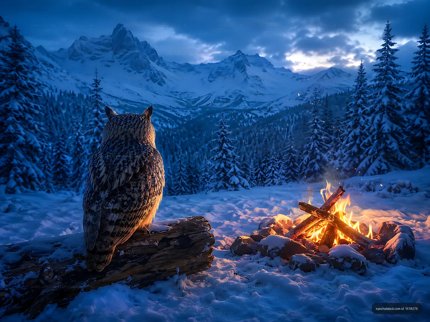 Owl watching snowy mountains and campfire at dusk