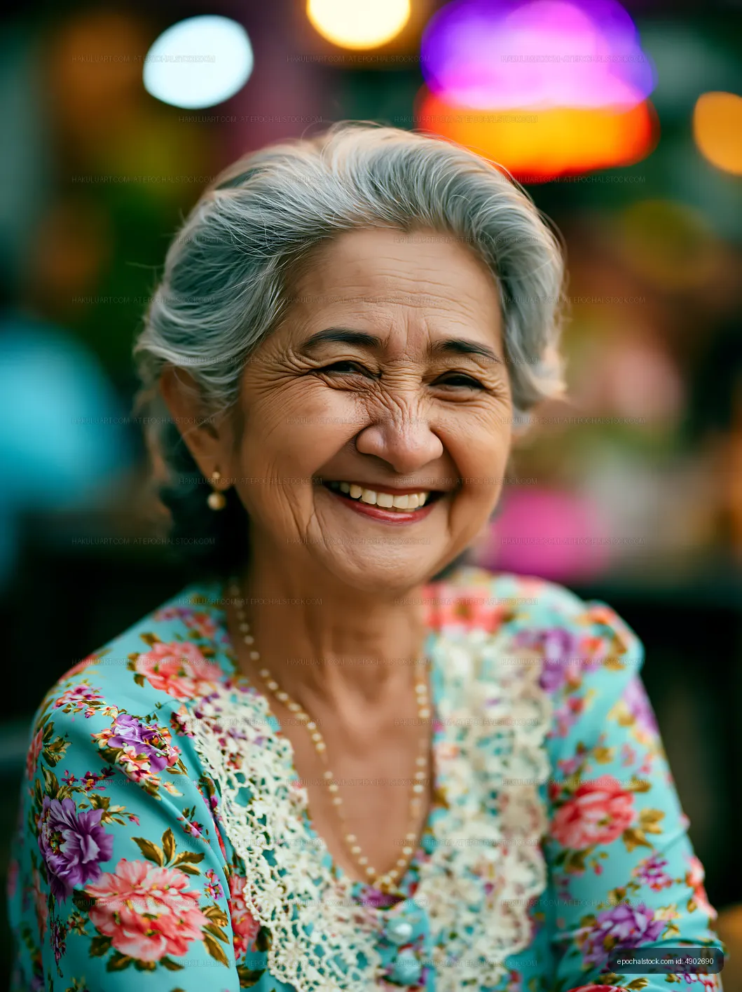 Smiling older woman sitting at a cafe in an outdoor setting
