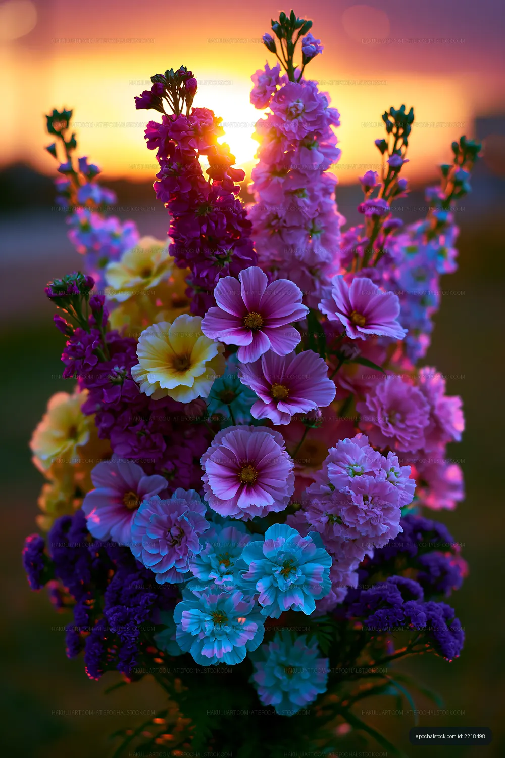 Colorful flowers against sunset sky