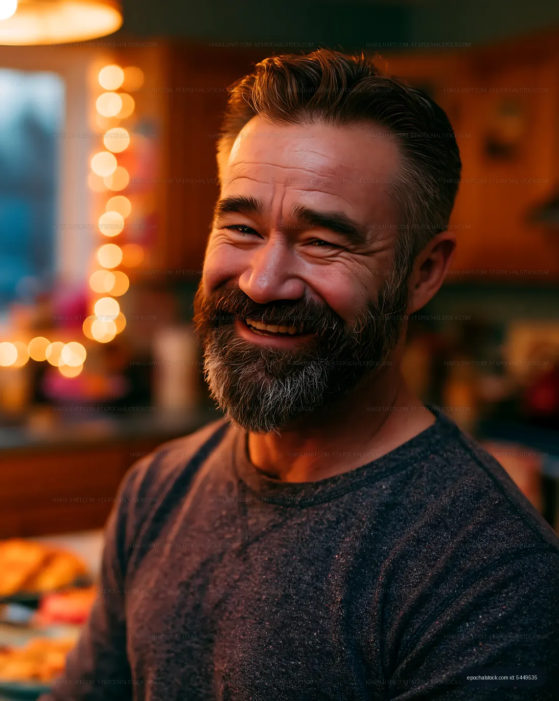 Happy man smiling in a cozy kitchen with warm lights