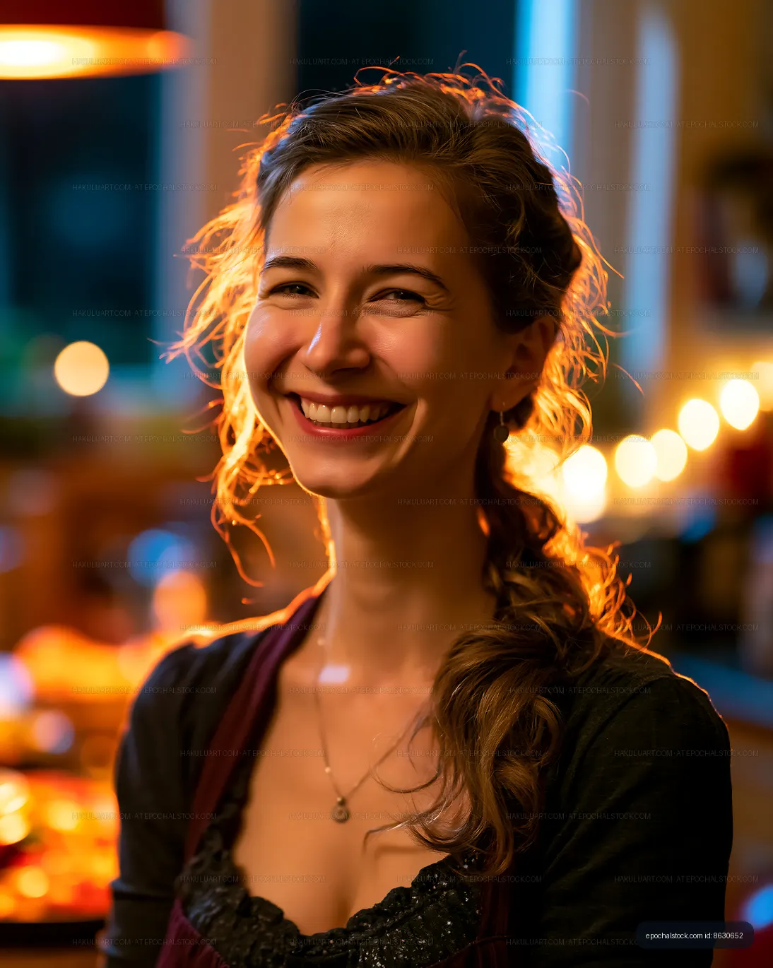 Woman smiling in a home kitchen with warm lights in the background