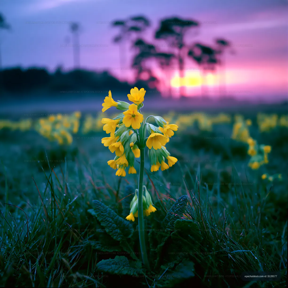 Yellow flowers stand tall in a field during sunset