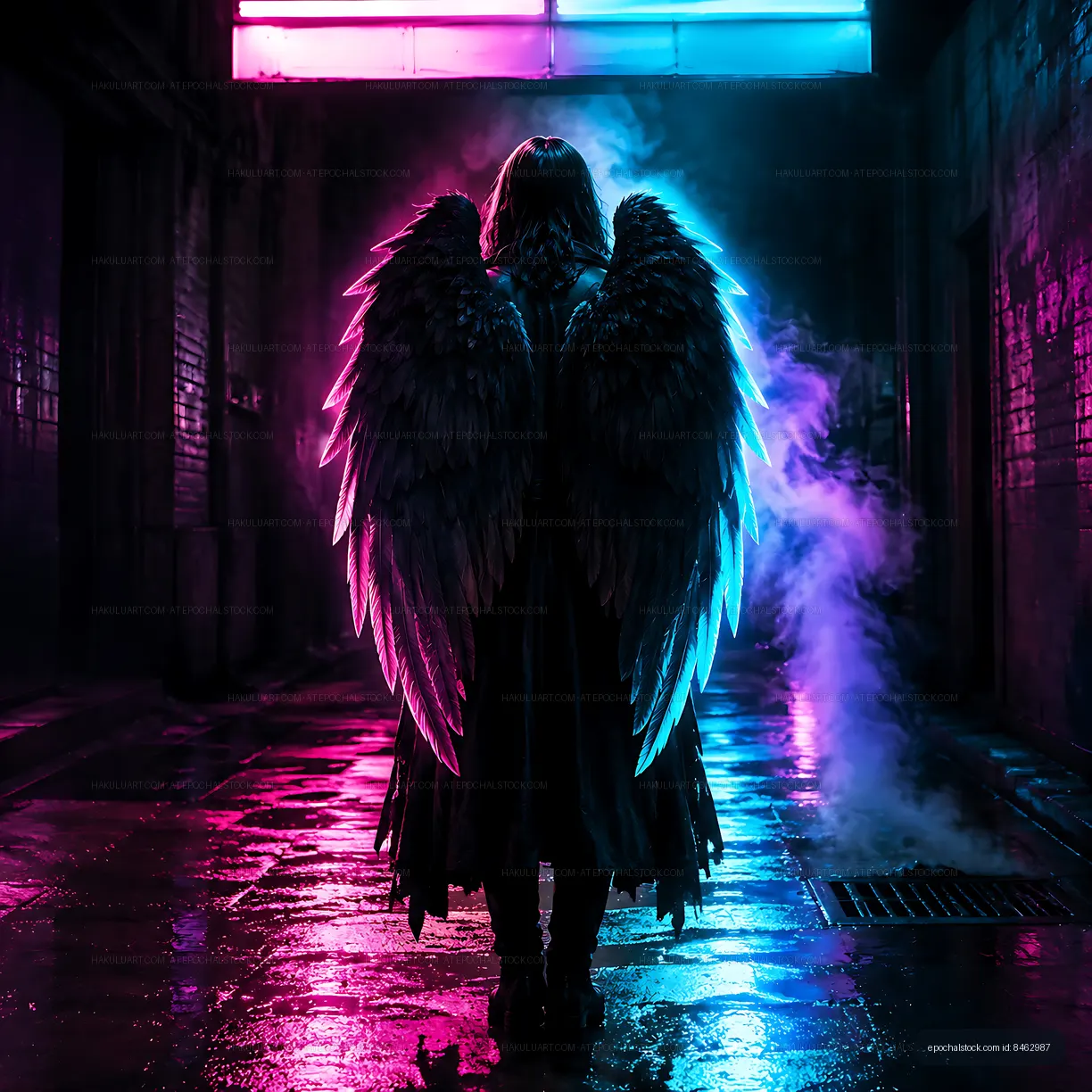 Person with large wings stands in a colorful alleyway