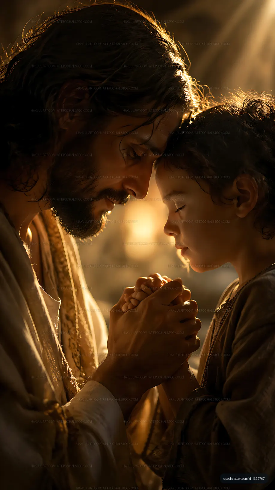 Father and child pray together in a warm light setting