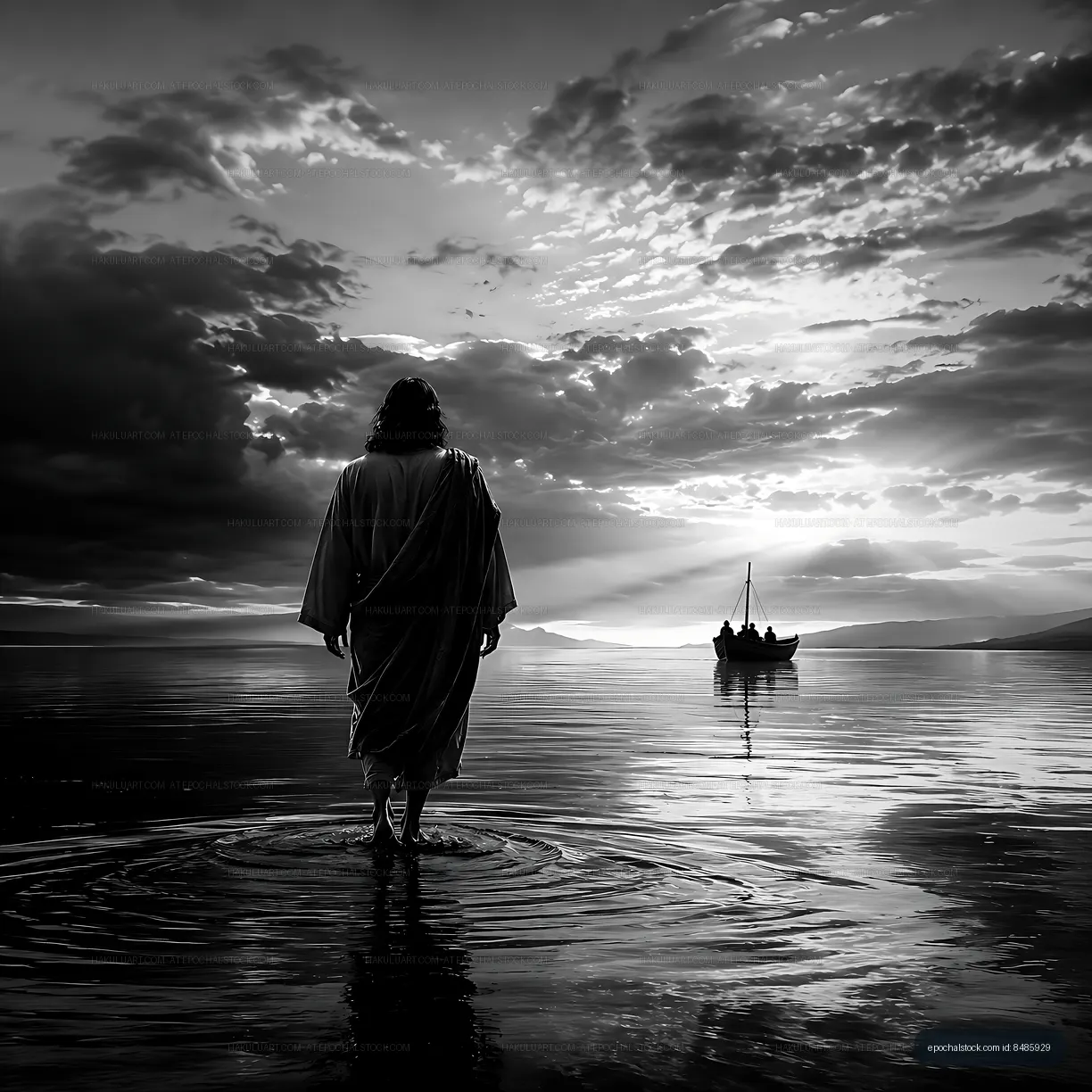 Person walking on water during sunset with a boat in the background