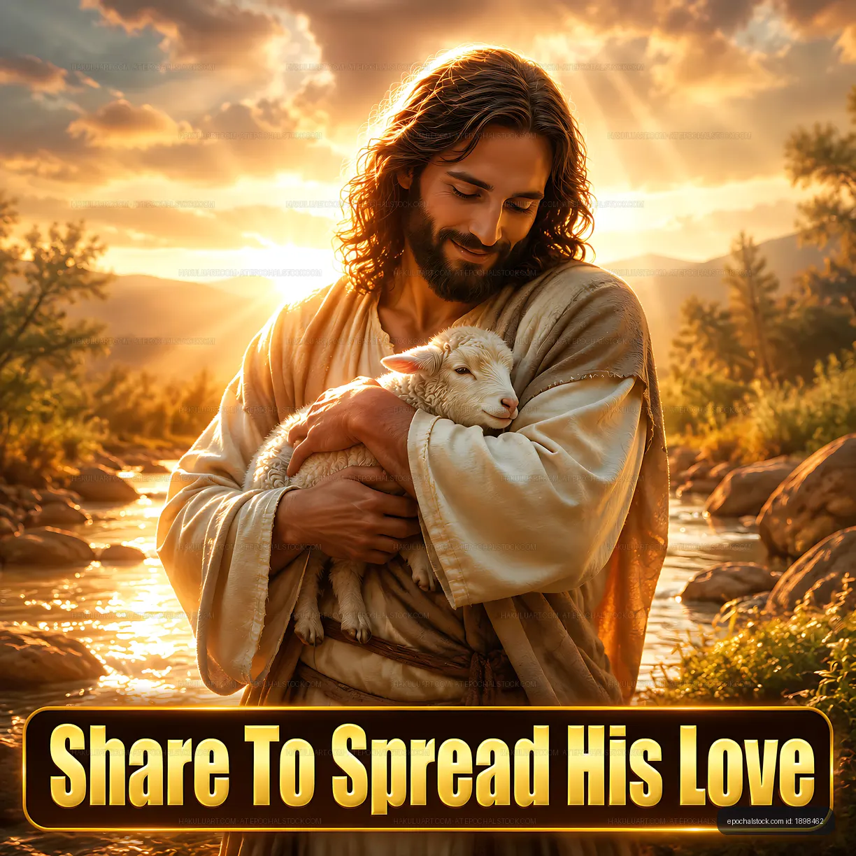Man holding lamb by river during sunset in nature