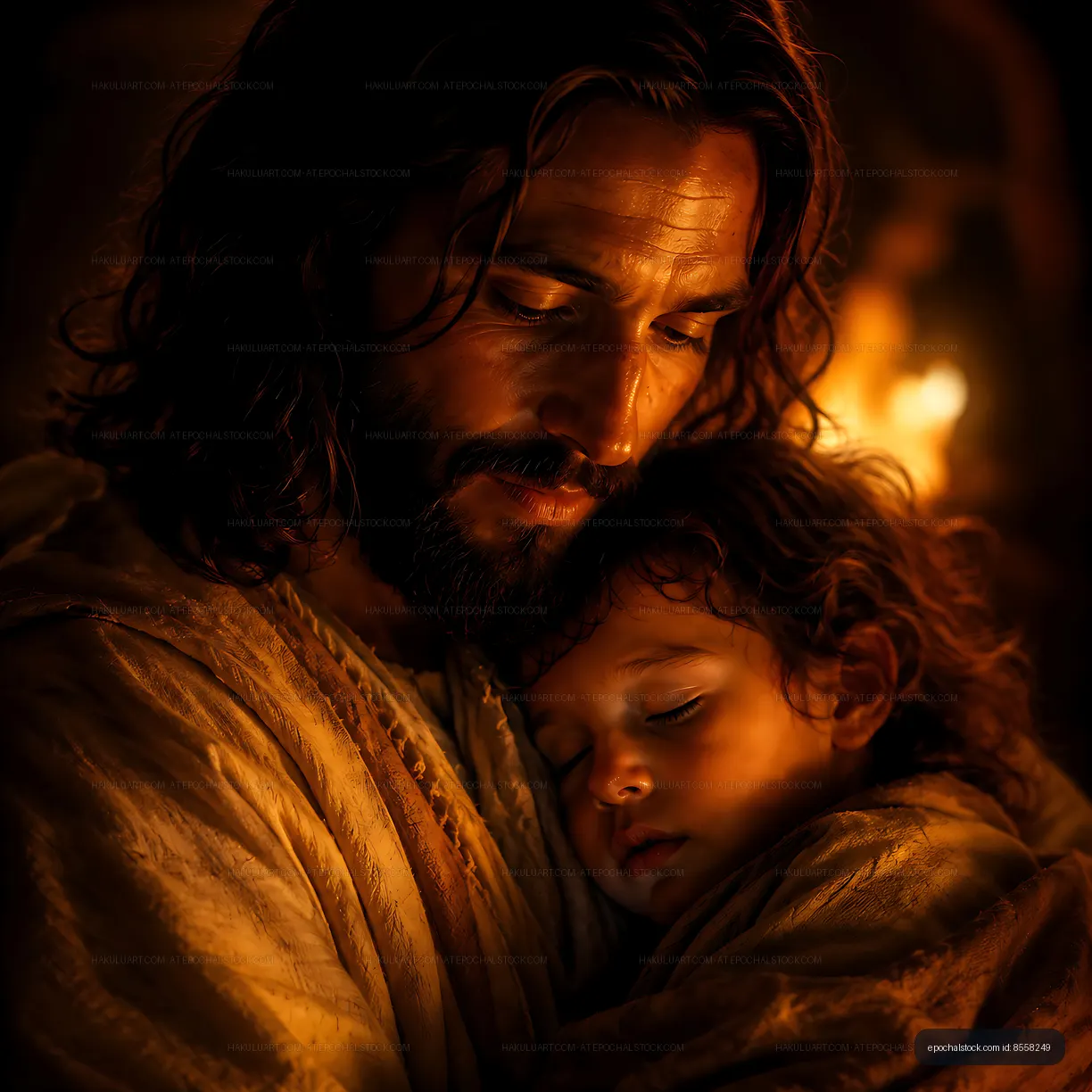 Father holding child in warm light setting