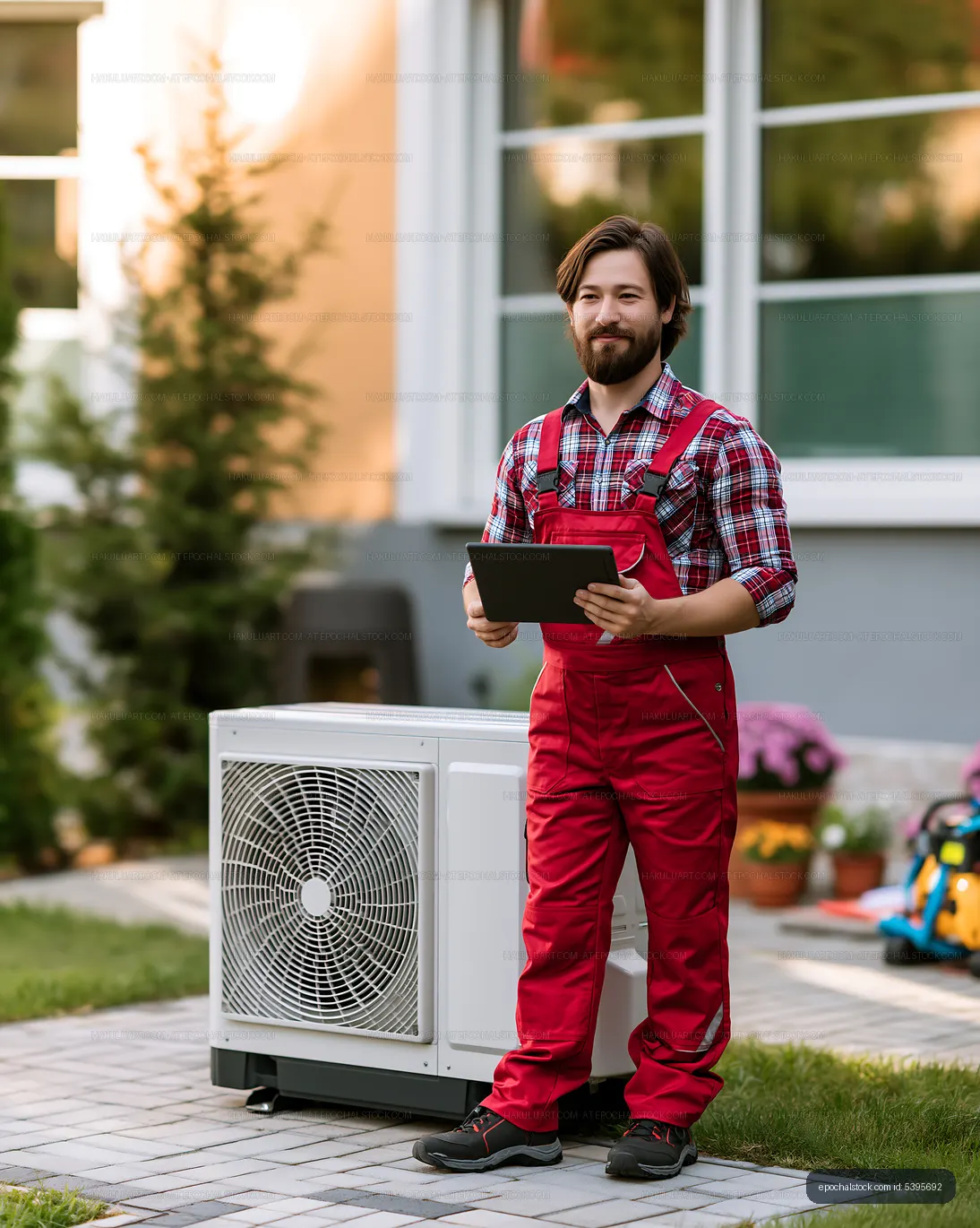 Technician working on air conditioning unit in backyard