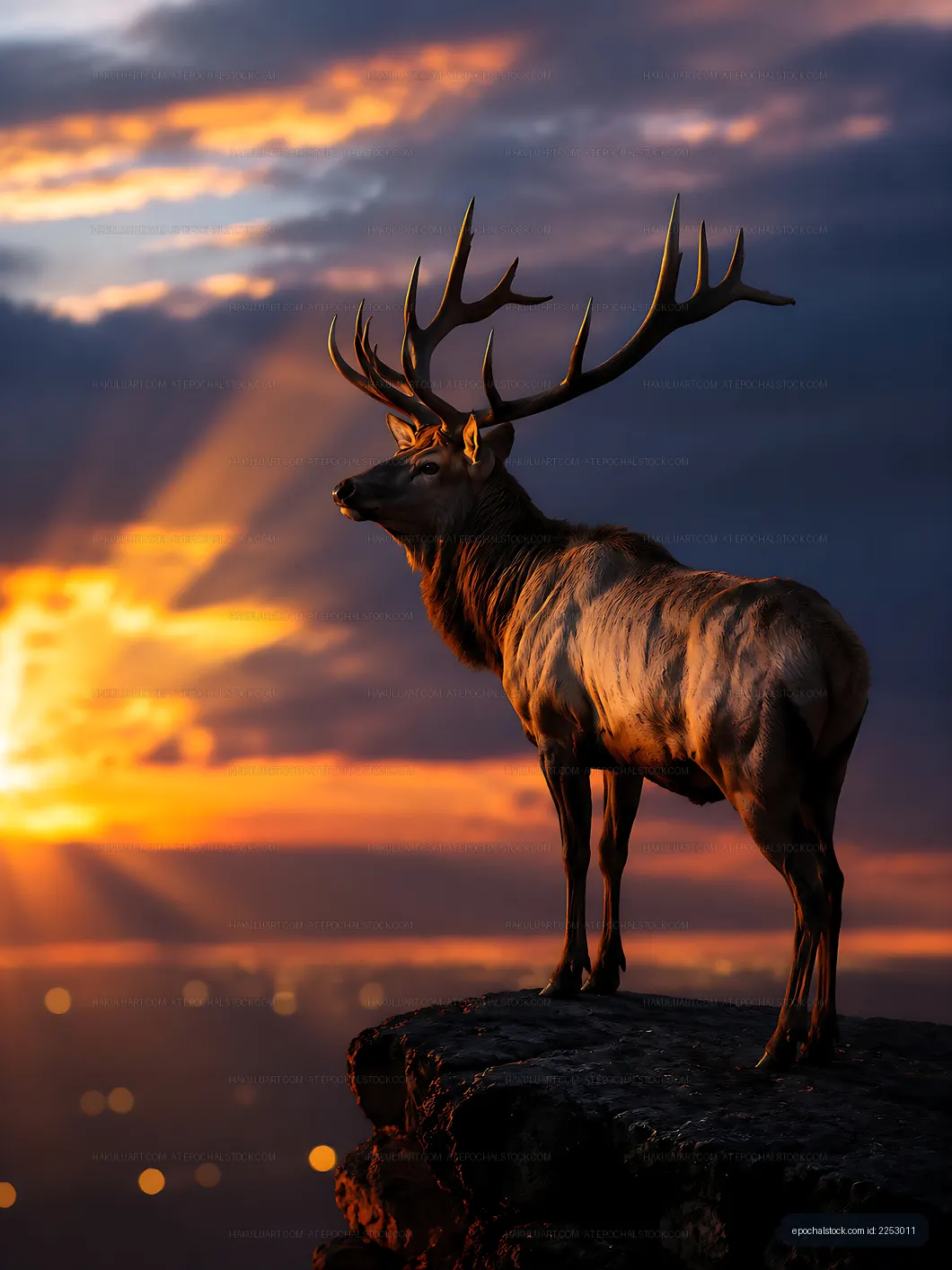 Stag standing on rock during sunset in mountain landscape