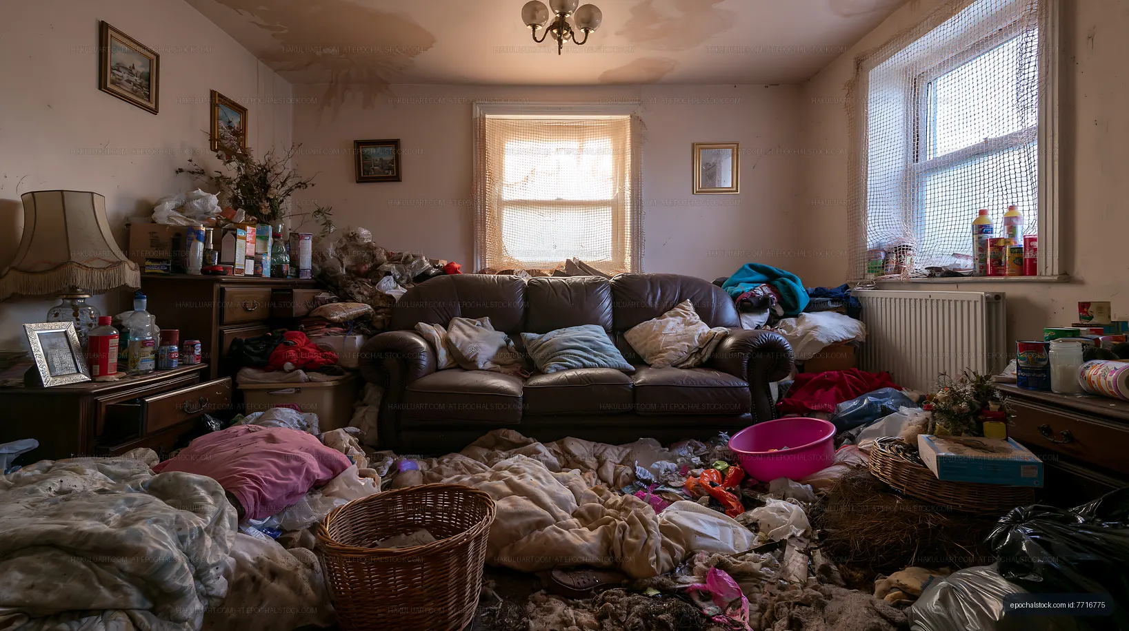 Cluttered living room filled with trash and disorganized items