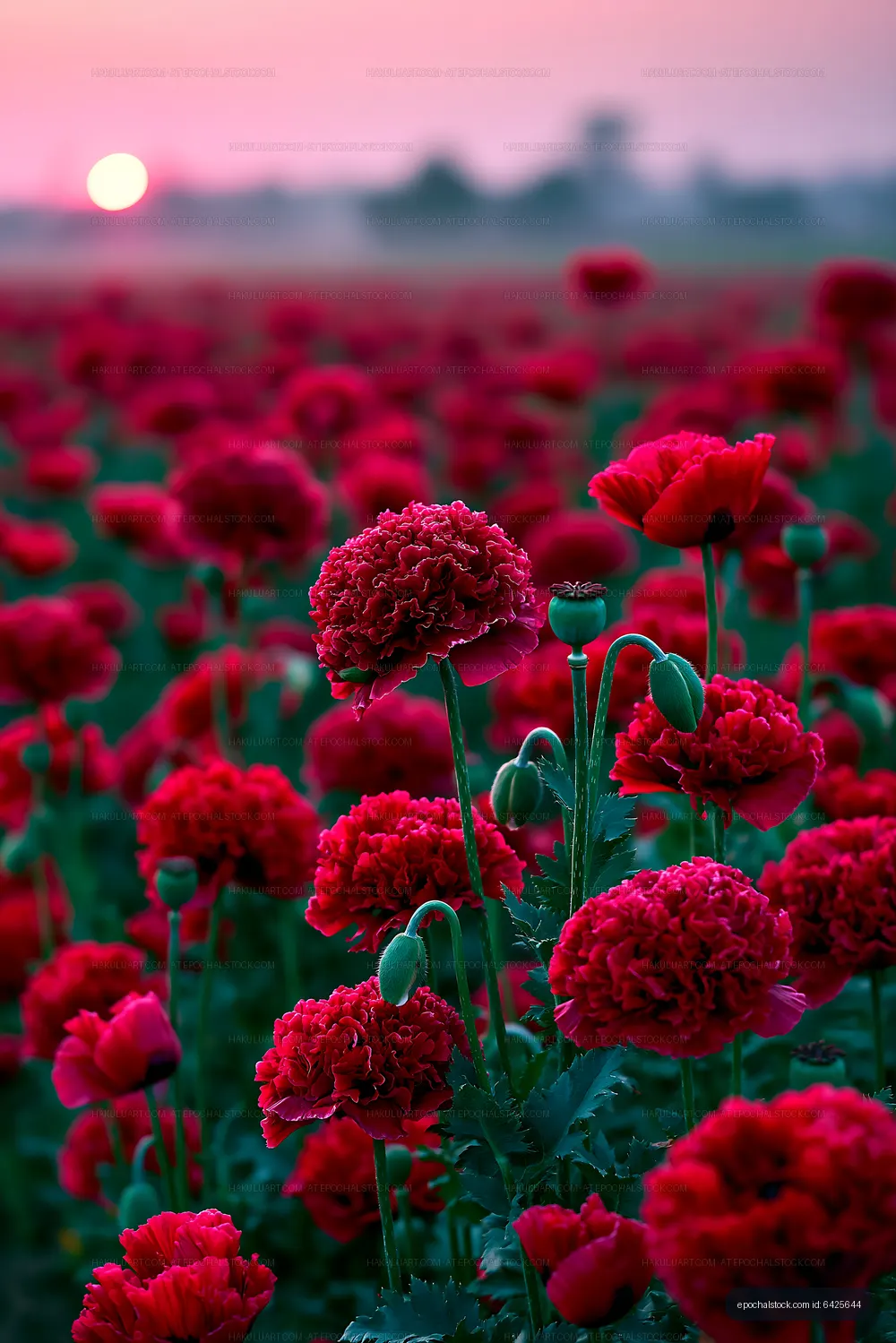 Red poppy flowers in a field during sunset