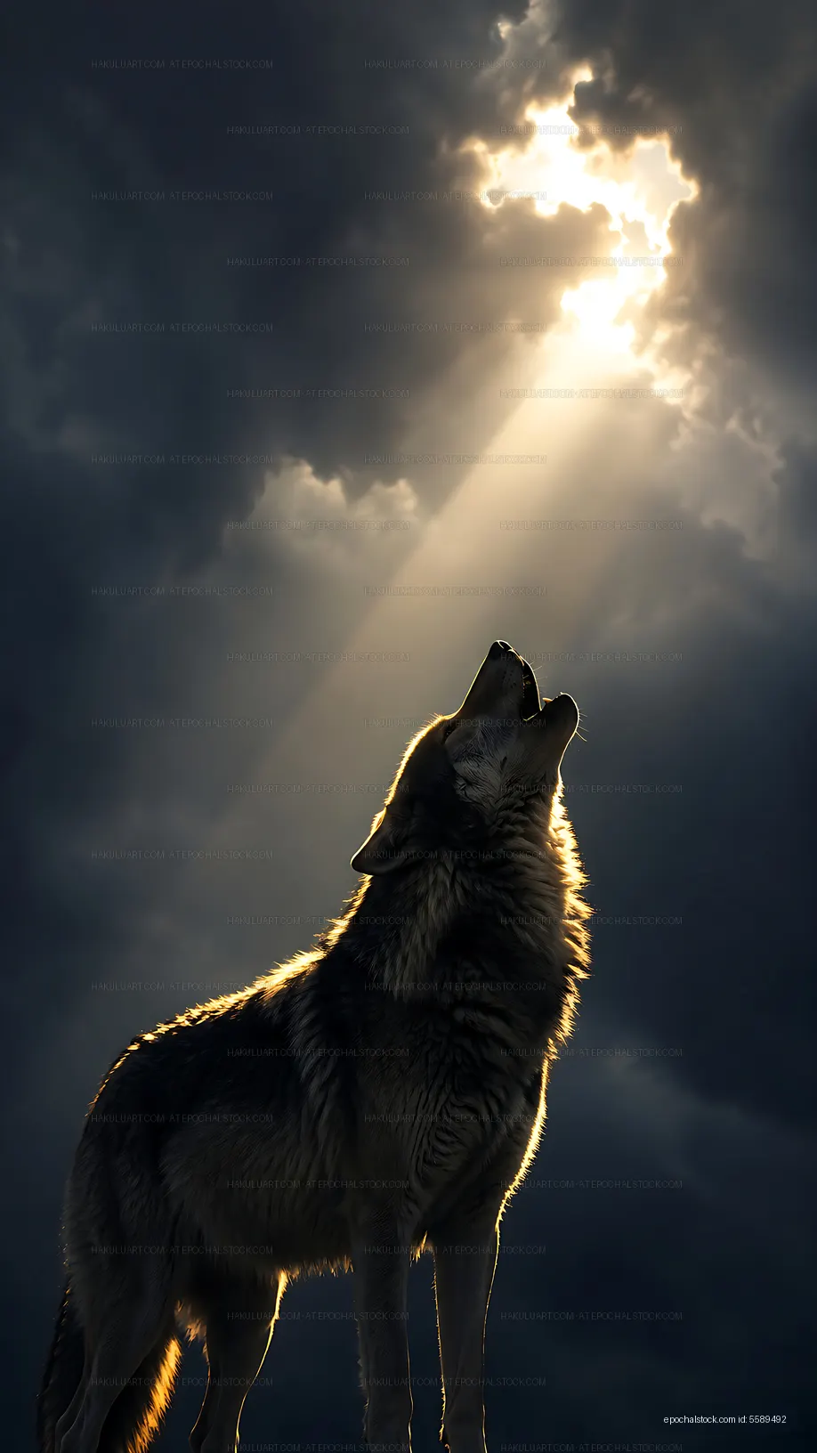 Wolf howling under bright light in dark cloudy sky