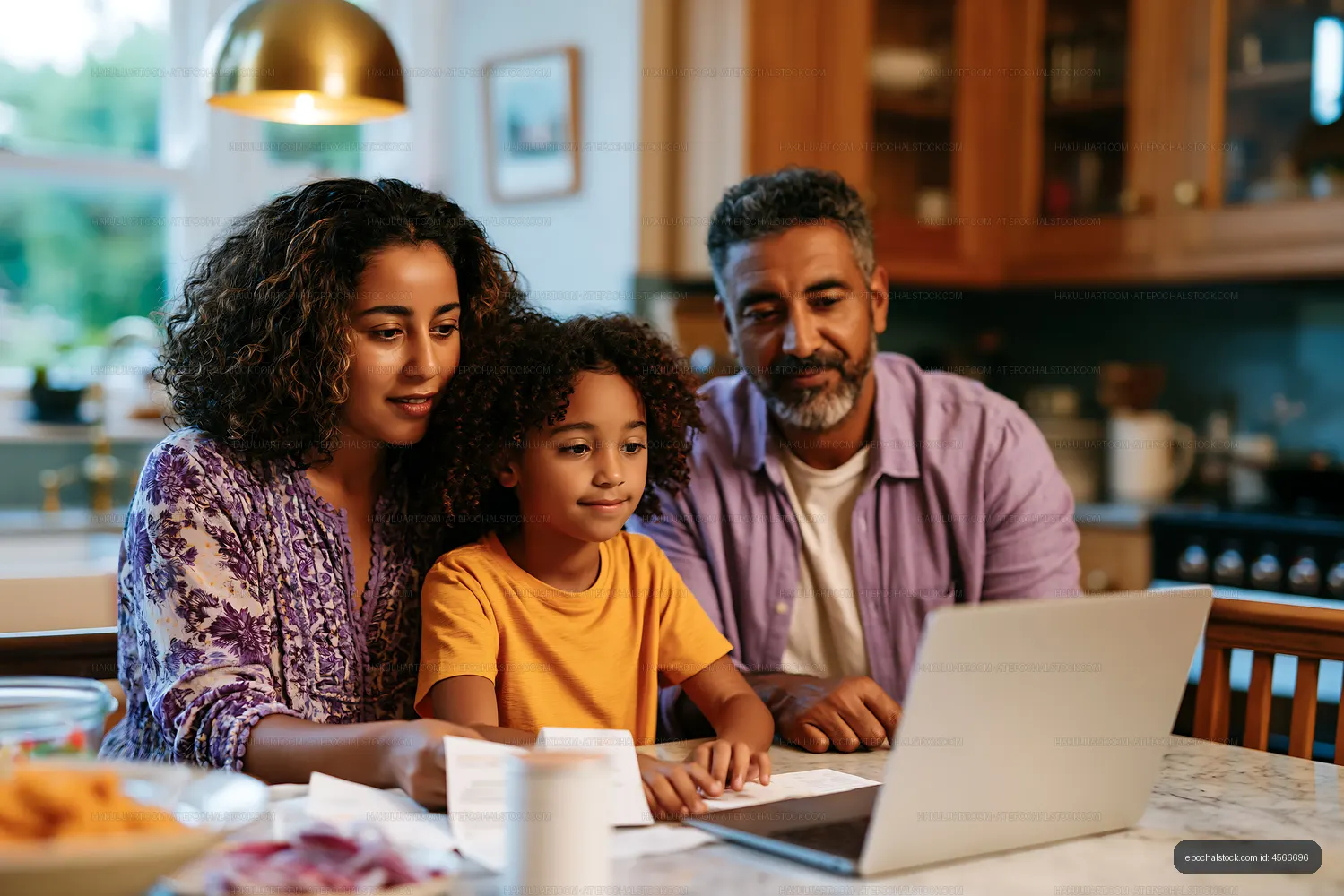 Family working together at home on a laptop in the kitchen