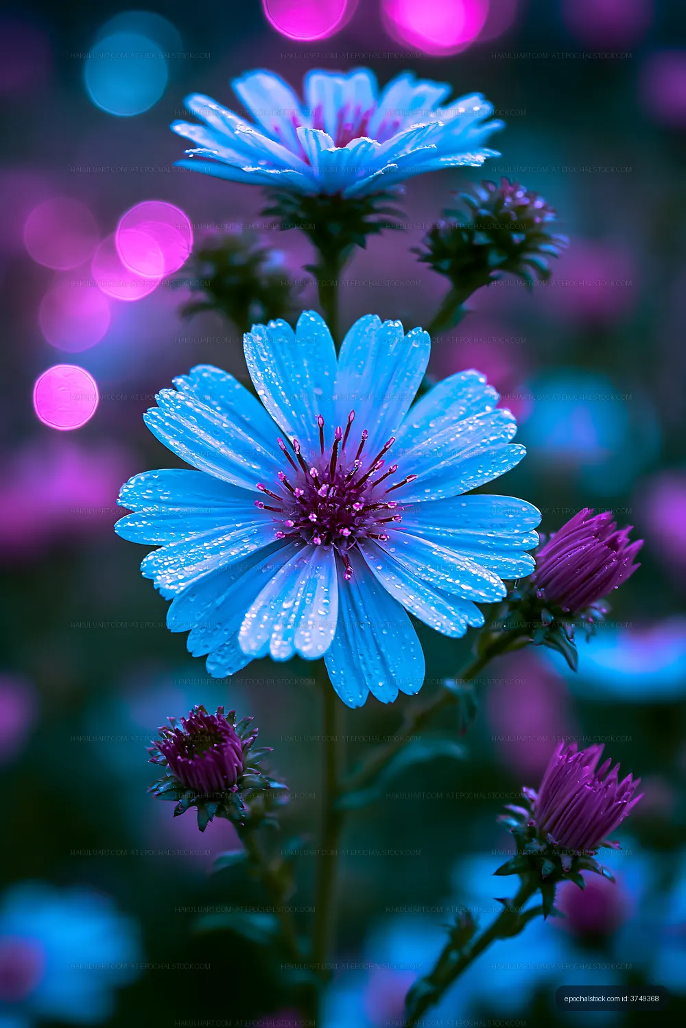 Blue and pink flowers with droplets in a garden setting