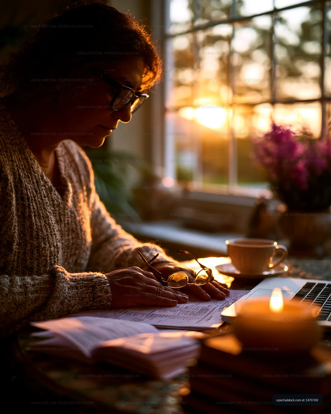 Woman working on a laptop at home during sunset