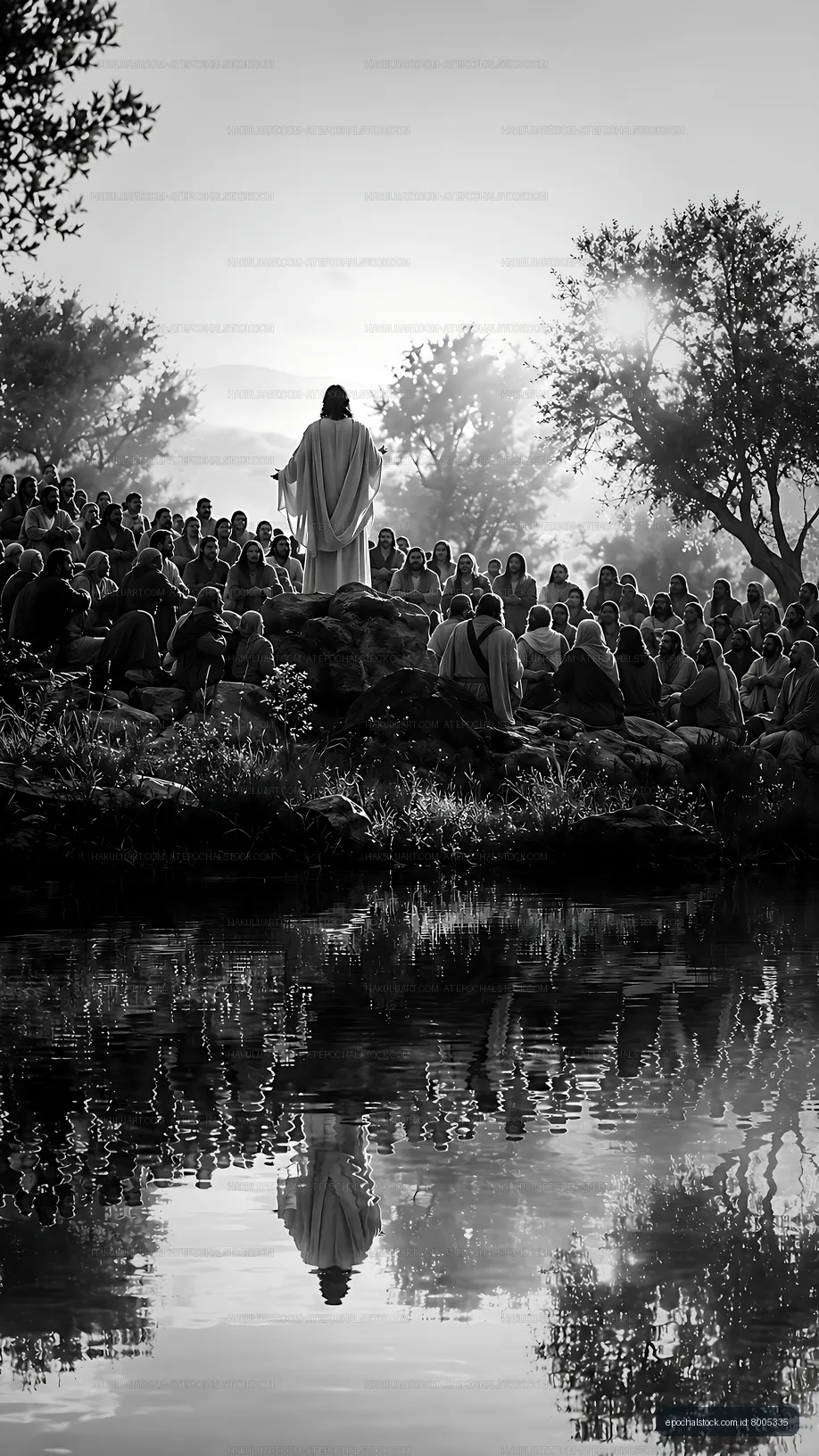 Crowd listening to a figure speaking by the water