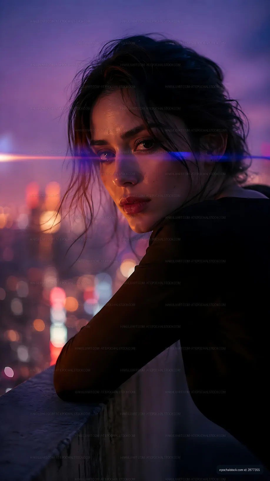 Woman looking over a city skyline at dusk