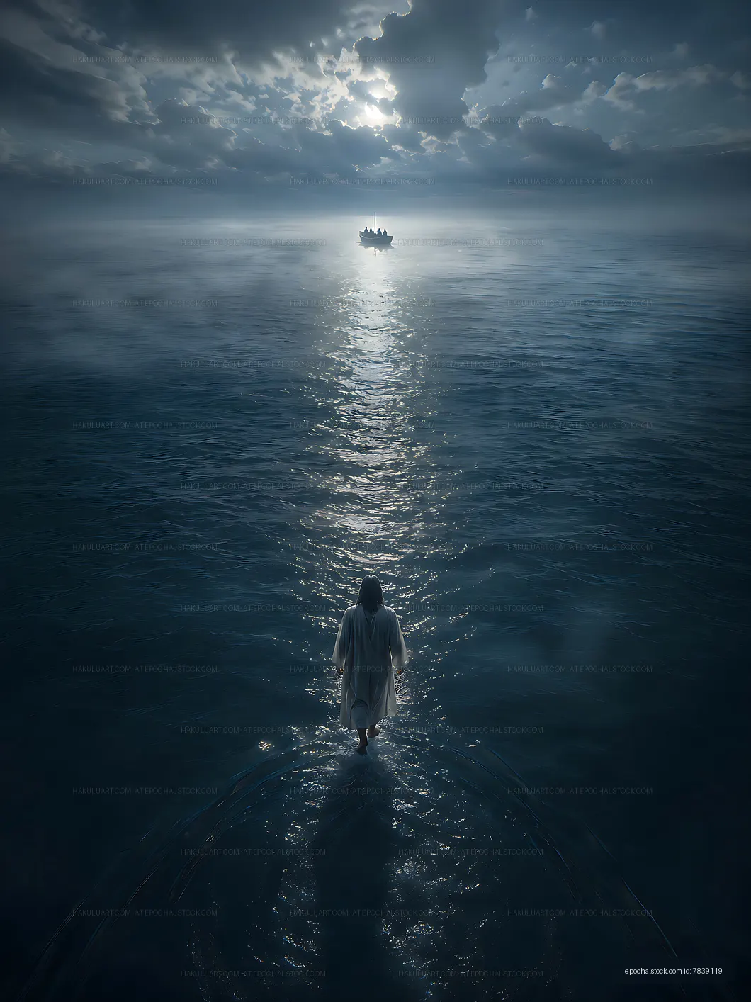 Person walking on water under a cloudy sky with a distant boat