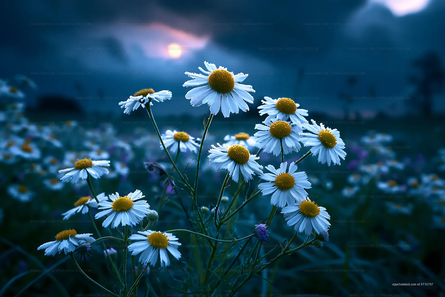 Flowers bloom in a field under a cloudy sky at sunset