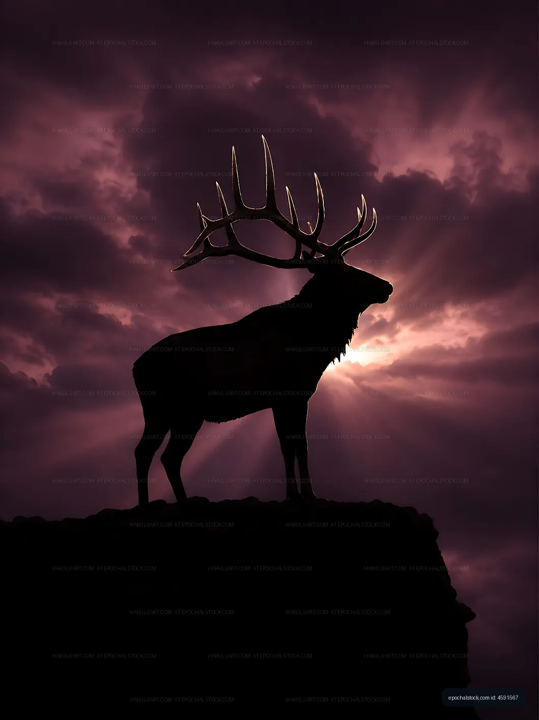 Stag silhouette against cloudy sunset sky