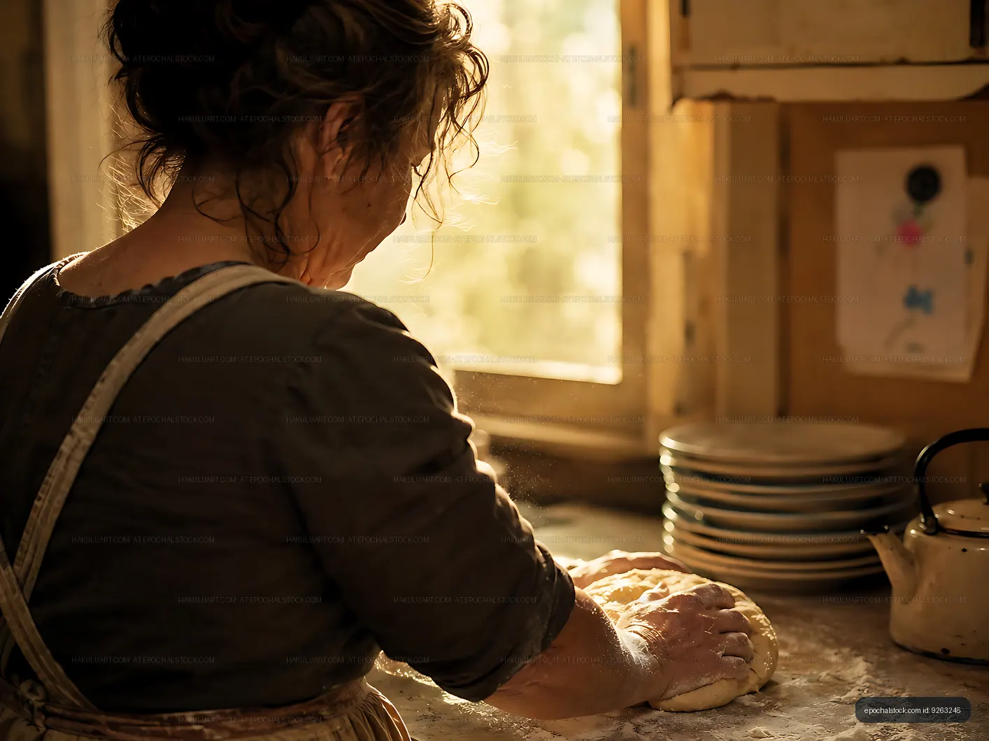 Woman kneading dough in a sunlit kitchen