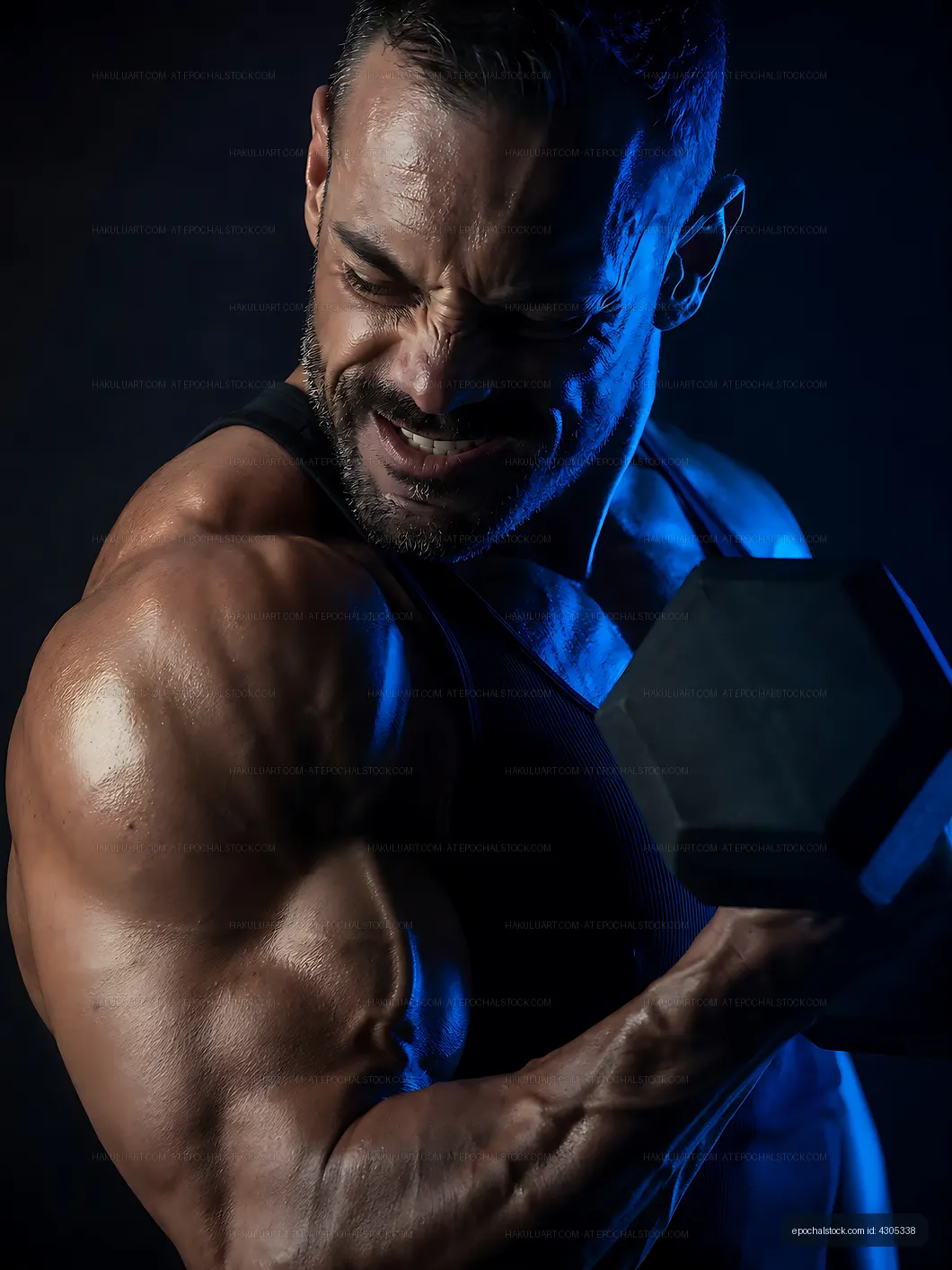 Weightlifter flexing muscles while lifting dumbbell