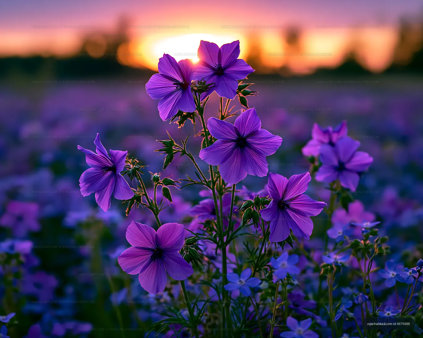 Colorful flowers at sunset in a vibrant field