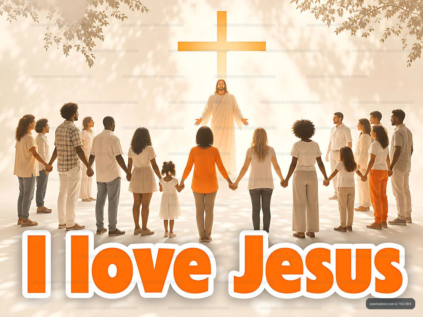 Group of people holding hands in worship with Jesus figure