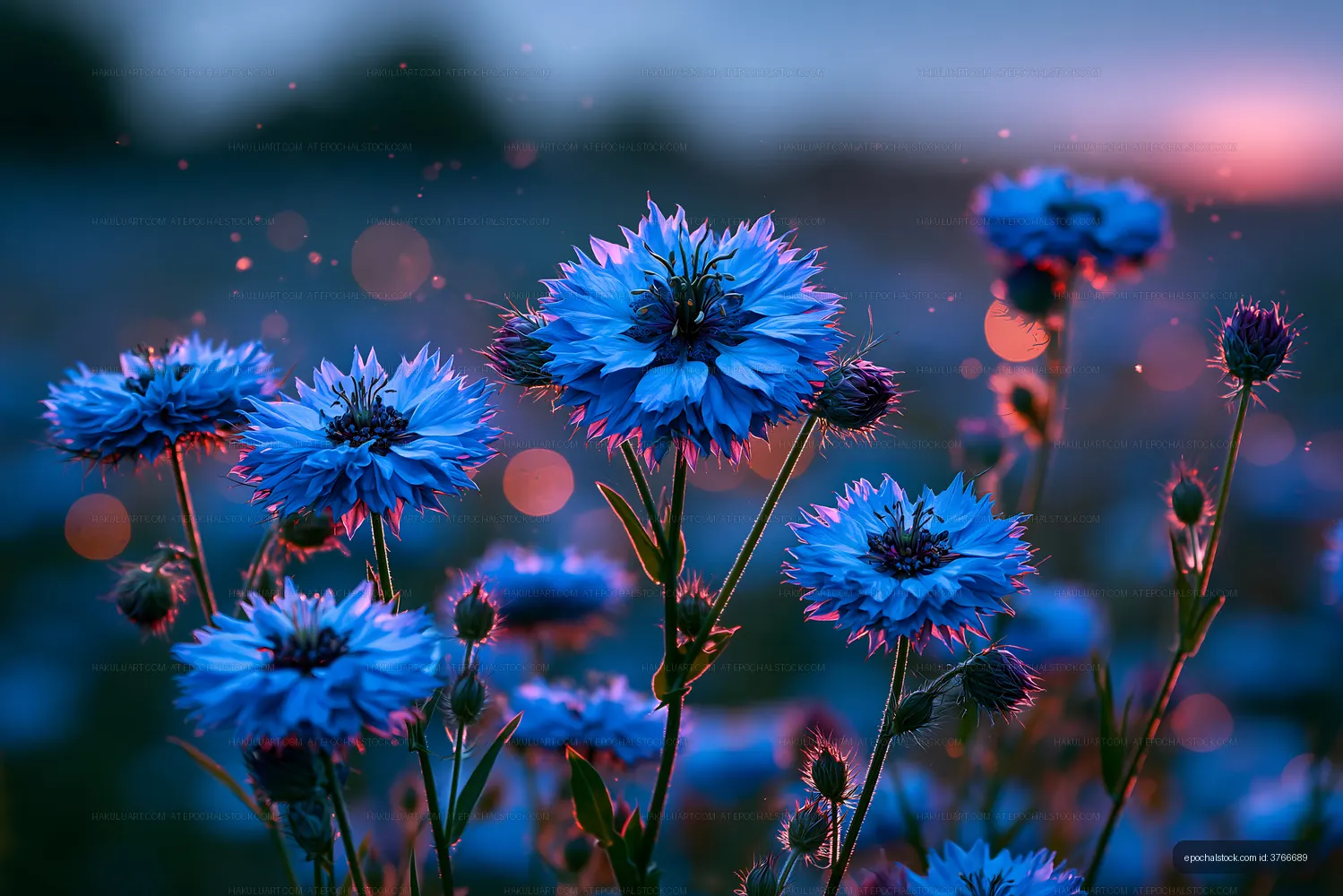 Bright blue flowers in a field during sunset