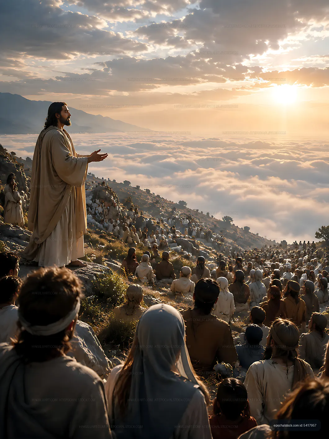 Sunset gathering with a speaker and a large audience on a mountain